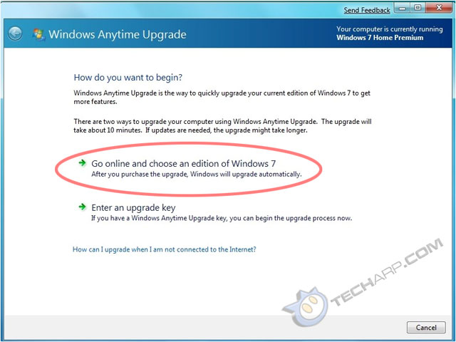 windows anytime upgrade not available