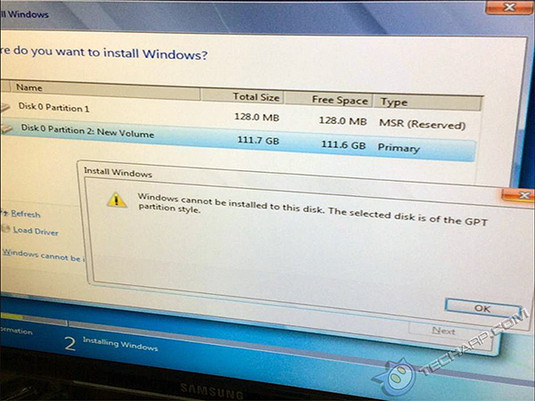Windows fails to install on a GPT drive